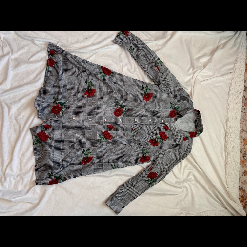 Plaid button down dress with roses